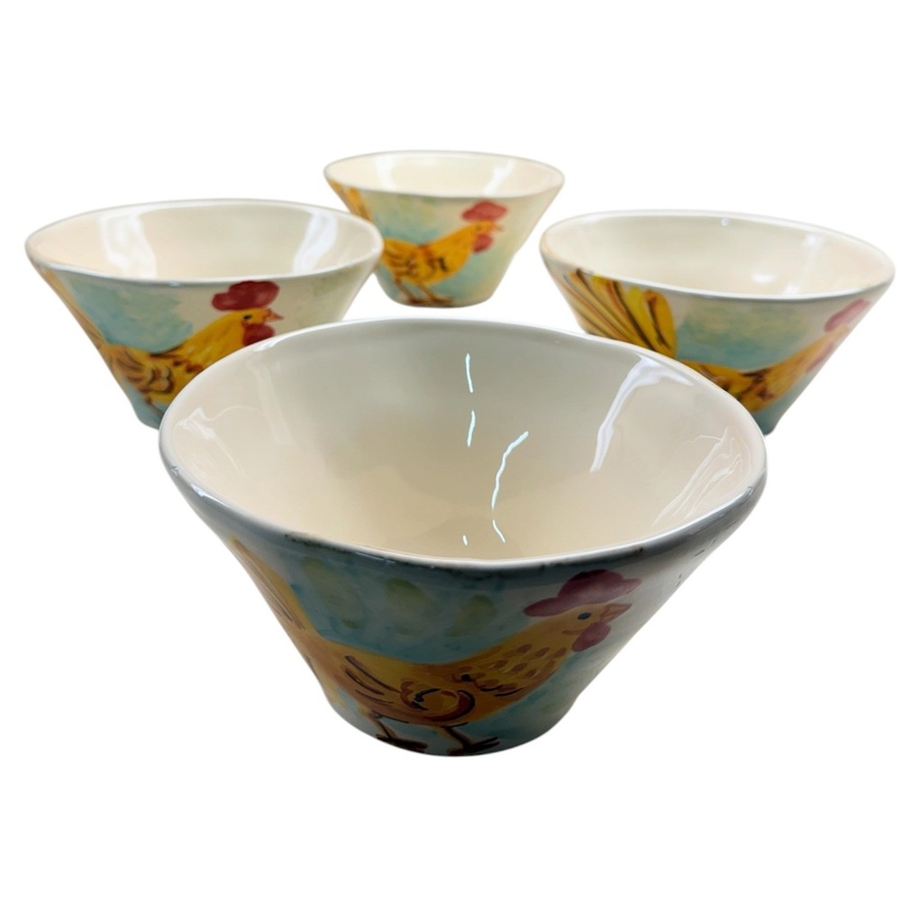 Vintage Vietri Cereal Bowls Blue Rooster Hand Painted Italian Ceramic Set of 4 - Picture 4 of 16